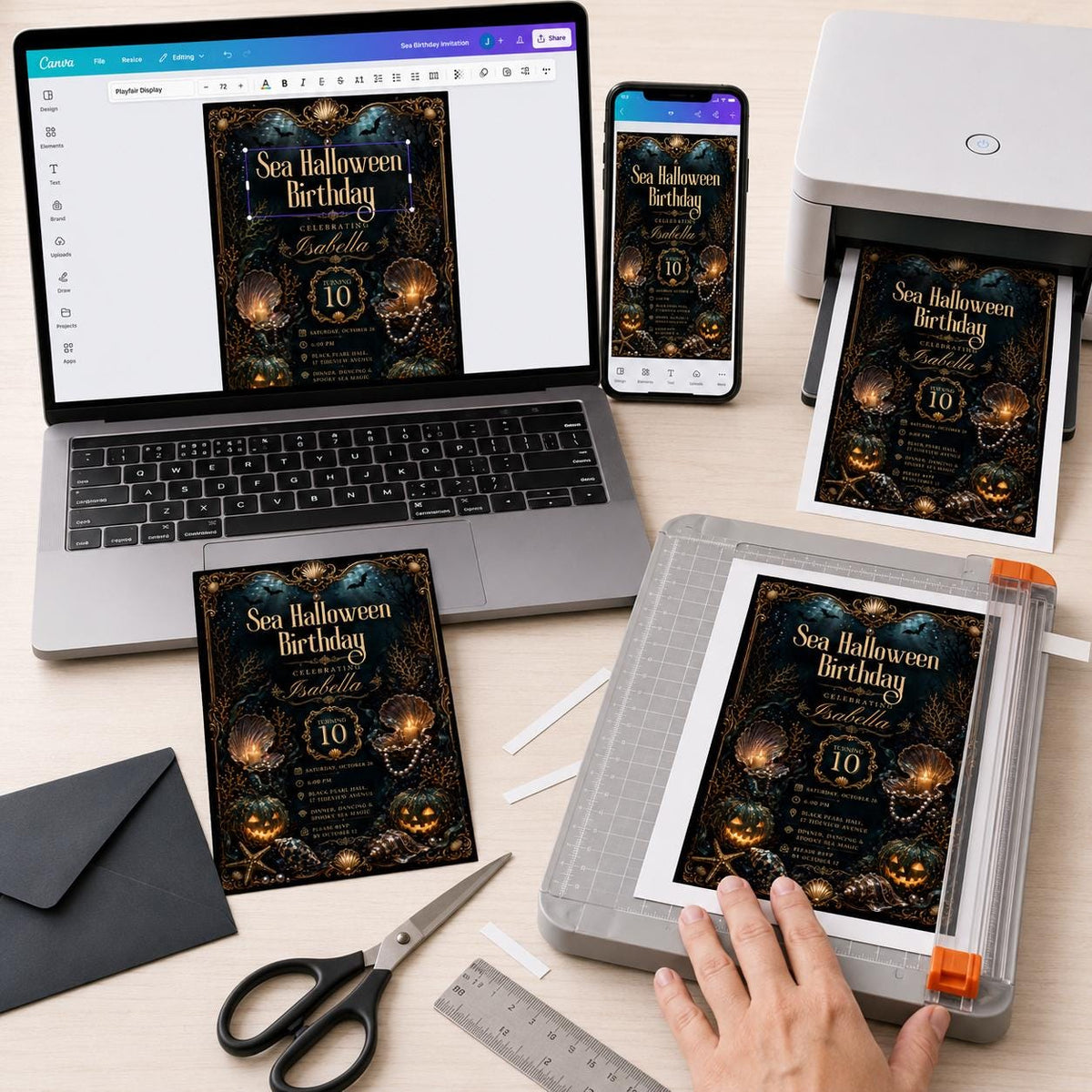 Gothic Sea Halloween Birthday Invitation — print-ready birthday party design from VoltBy