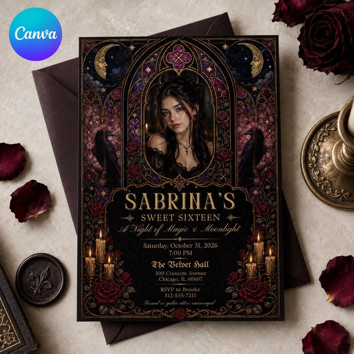 Gothic Sweet 16 Invitation — editable Canva template