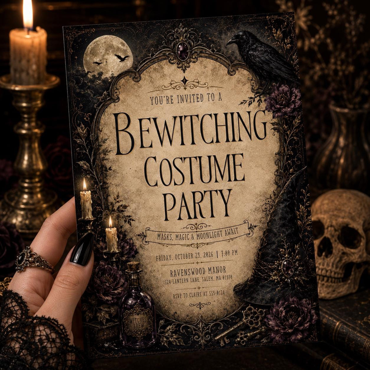 Gothic Vintage Halloween Costume Party Invitation — witch design