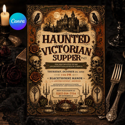 Gothic Vintage Halloween Dinner Party Invitation — editable Canva template