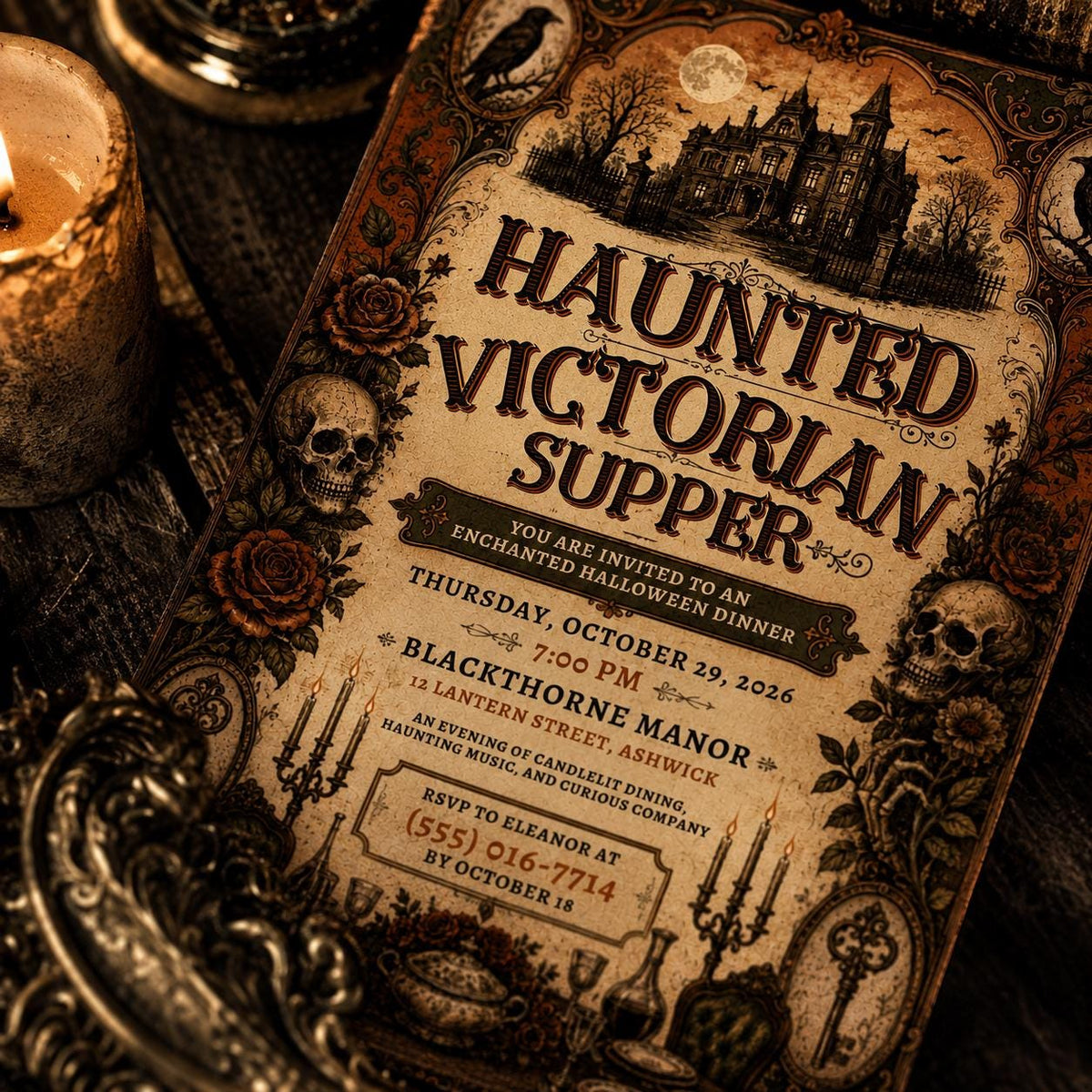 Gothic Vintage Halloween Dinner Party Invitation — invitation you personalize in Canva
