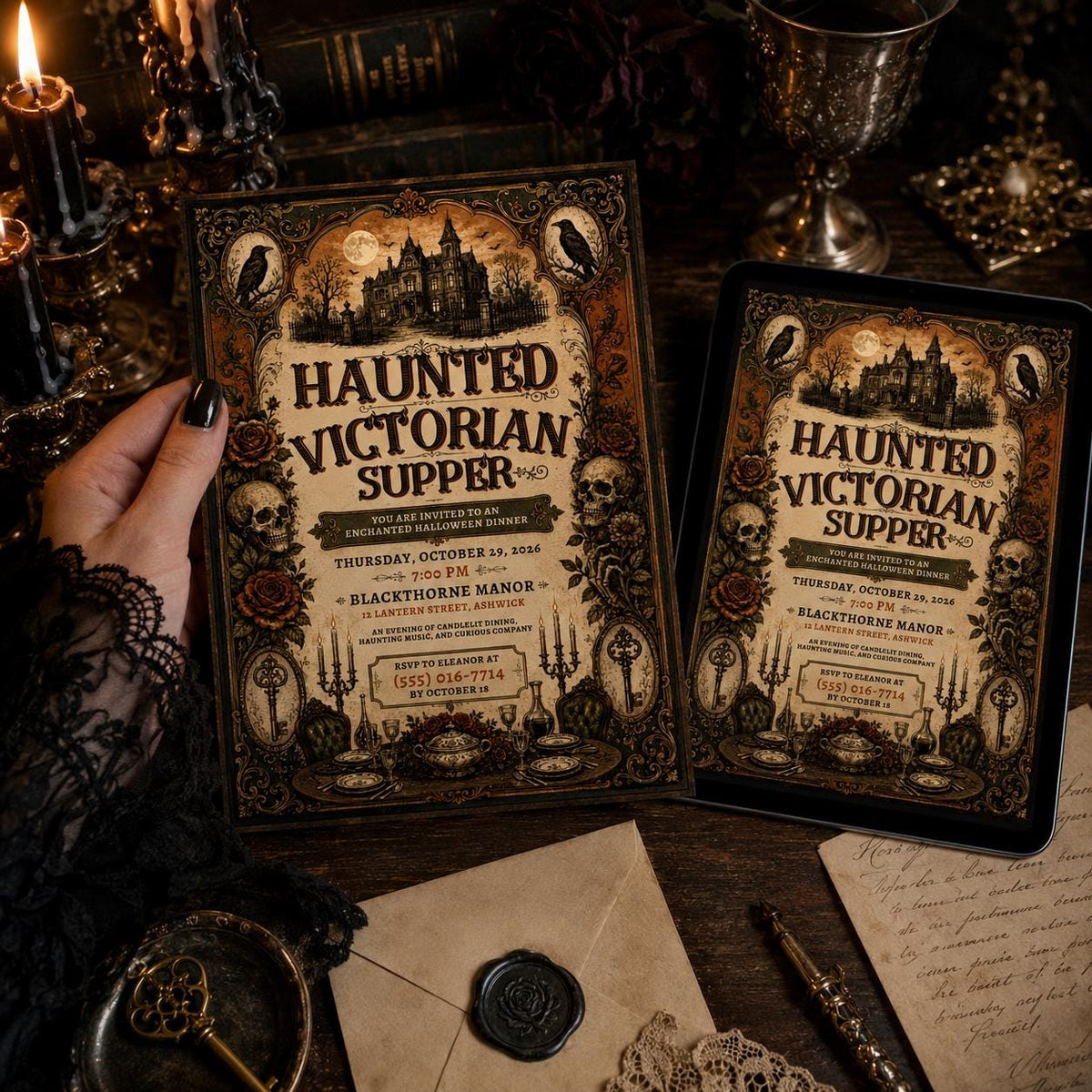 Gothic Vintage Halloween Dinner Party Invitation — print-ready Halloween party design from VoltBy