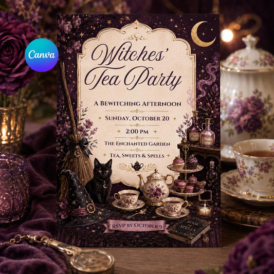 Gothic Witches Tea Party Invitation — editable Canva template
