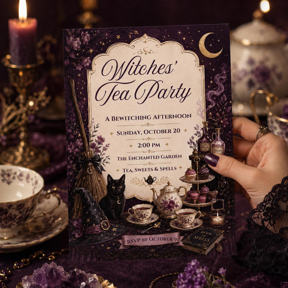 Gothic Witches Tea Party Invitation — invitation you personalize in Canva