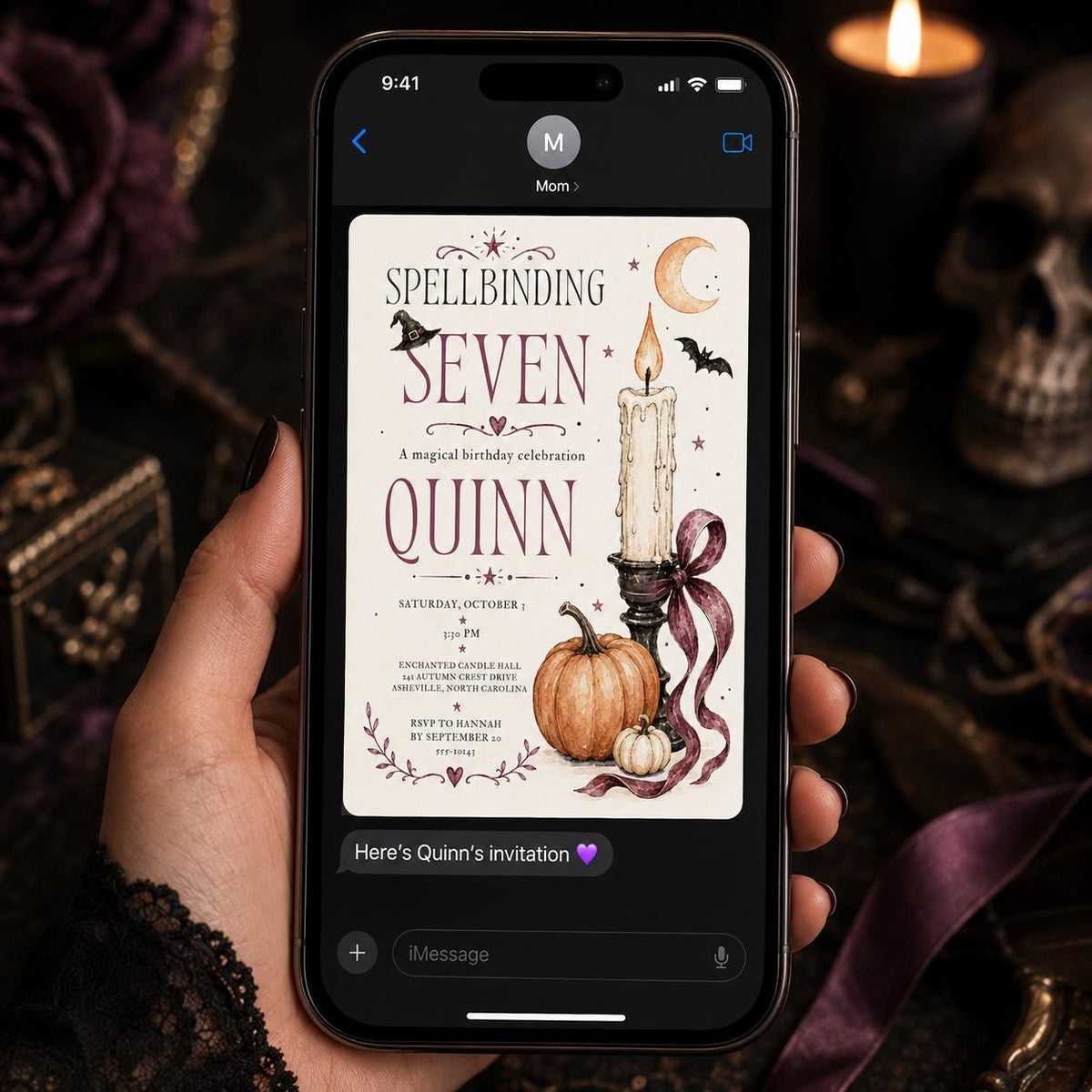 Gothic Witchy 7th Birthday Invitation — magic design