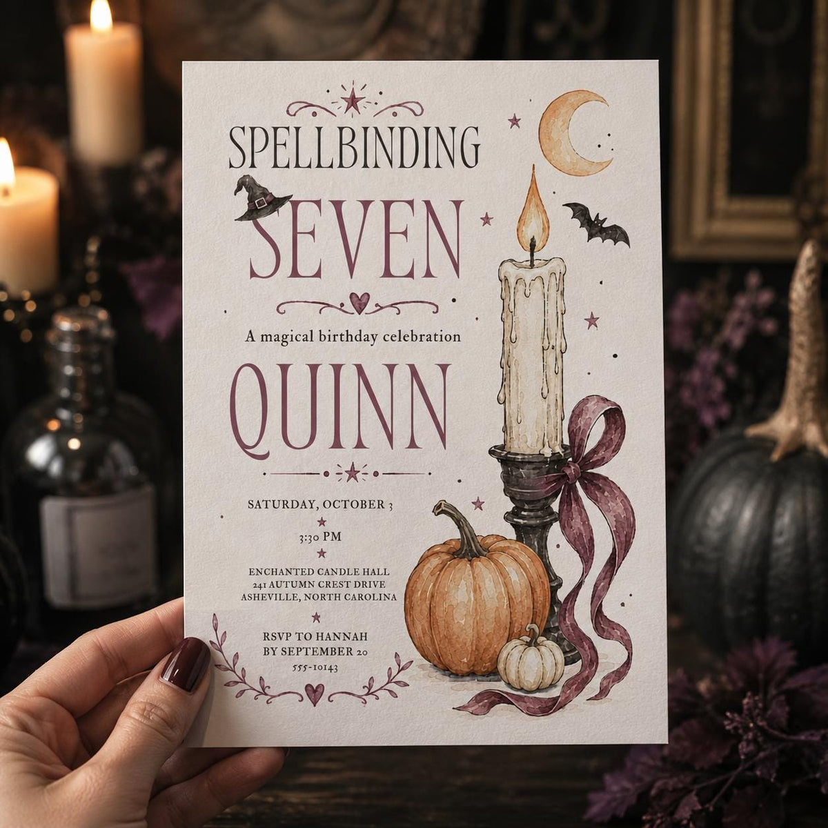 Gothic Witchy 7th Birthday Invitation — invitation you personalize in Canva