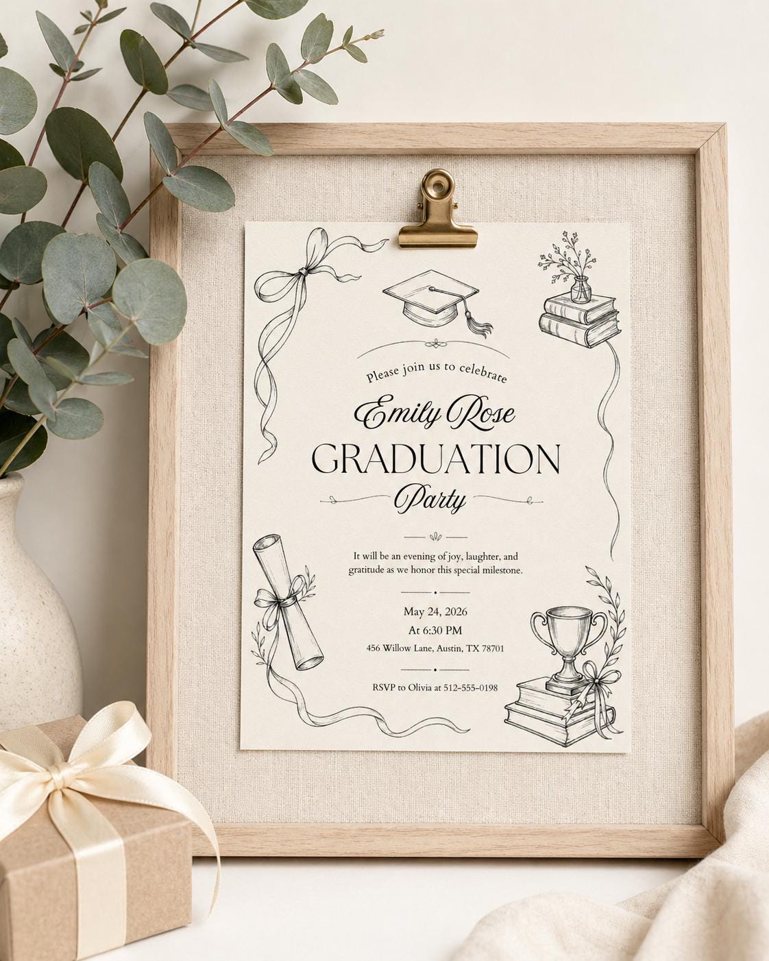 Graduation Doodle Invitation with Books and Bow — invitation you personalize in Canva