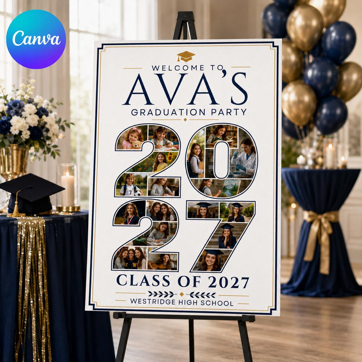 Graduation Welcome Sign: Class of 2027 Photo Collage Poster — editable Canva template