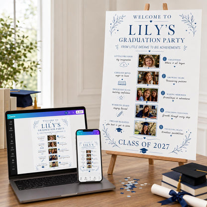 Graduation Welcome Sign: Photo Timeline Memory Board — print-ready graduation party design from VoltBy