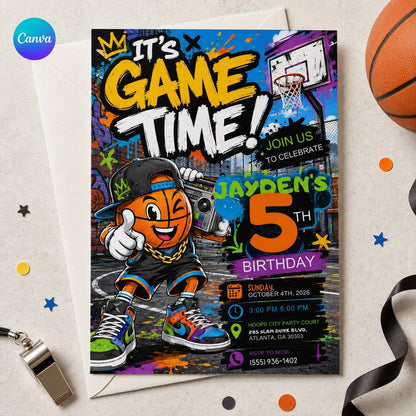 Graffiti Basketball 5th Birthday Invitation for Boys — editable Canva template