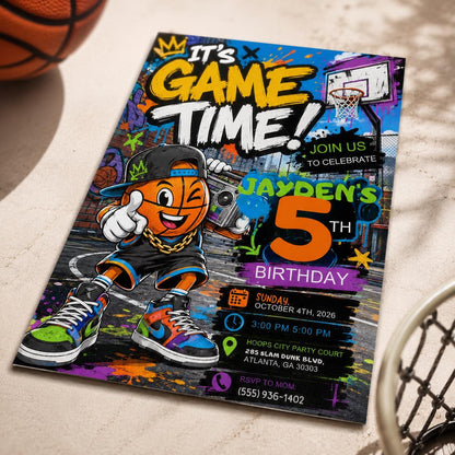 Graffiti Basketball 5th Birthday Invitation for Boys — invitation you personalize in Canva