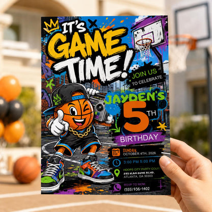 Graffiti Basketball 5th Birthday Invitation for Boys — digital invitation, instant download