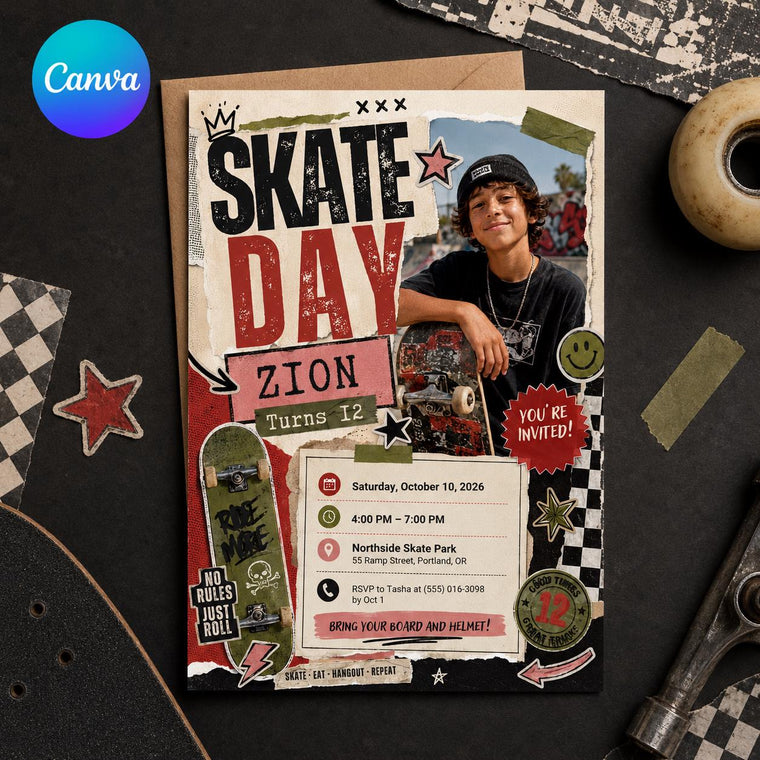 Graffiti Skateboard 12th Birthday Invitation for Boys