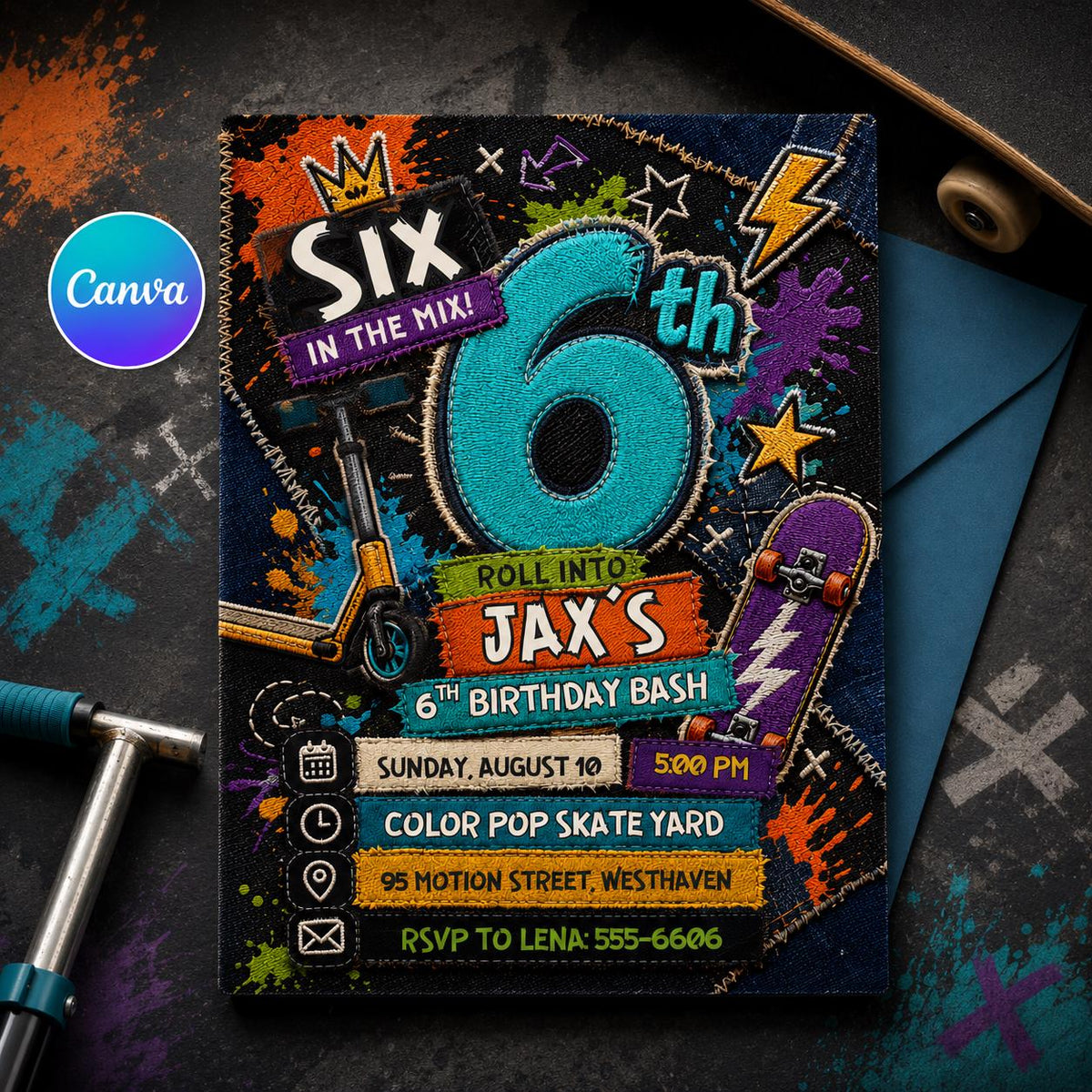 Graffiti Skateboard 6th Birthday Invitation — editable Canva template
