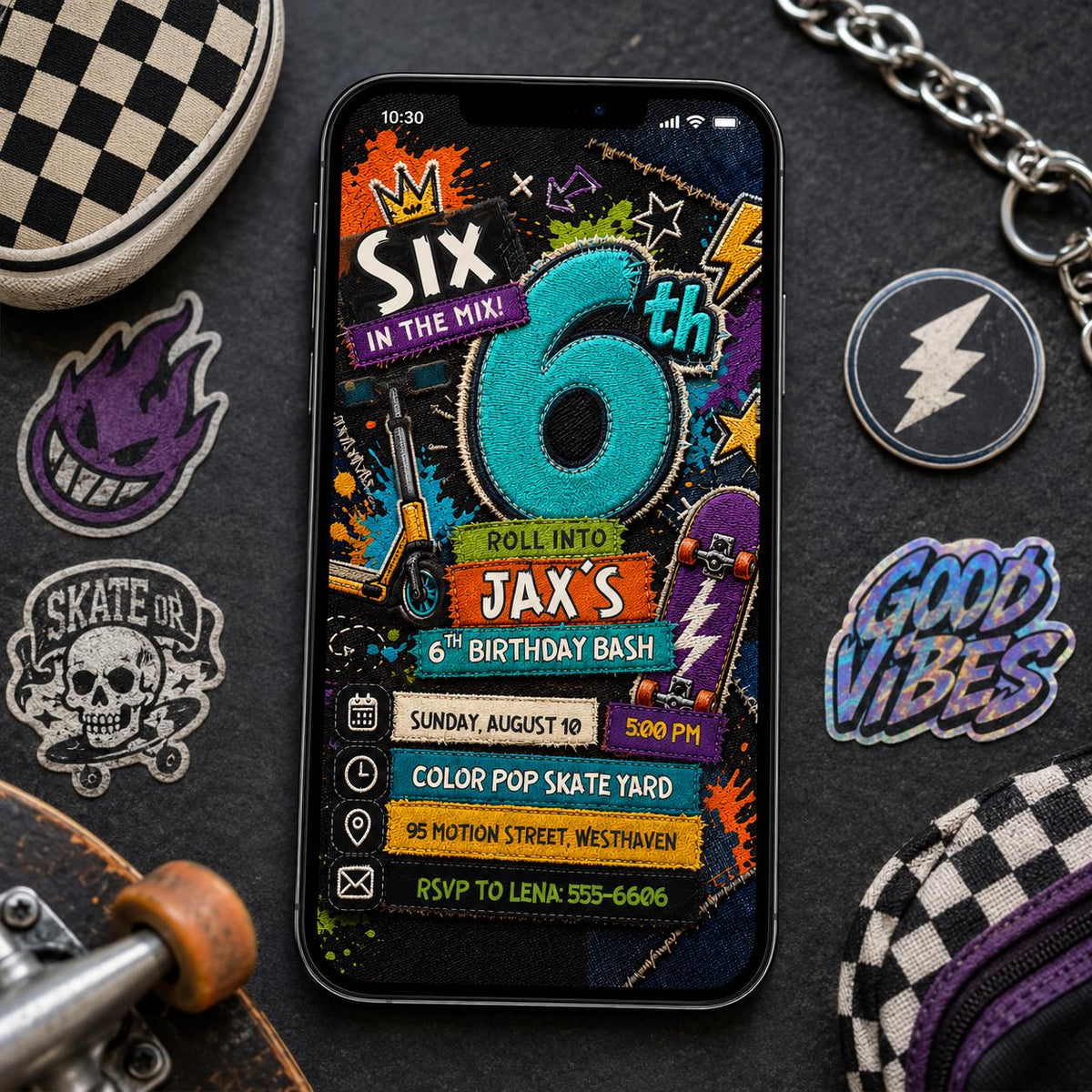 Graffiti Skateboard 6th Birthday Invitation in black and orange