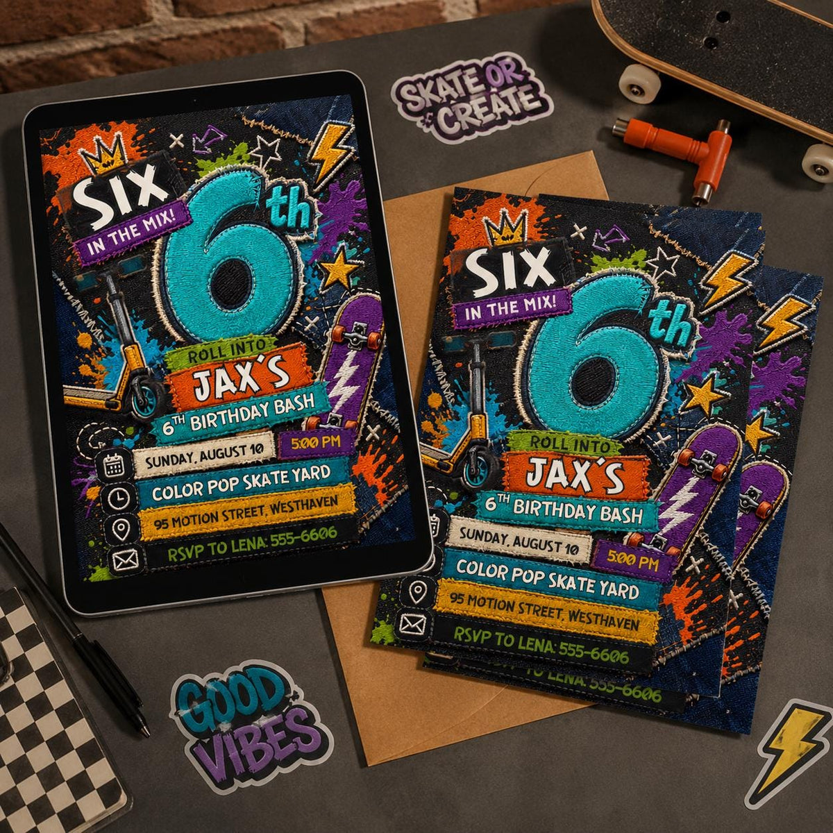 Graffiti Skateboard 6th Birthday Invitation — invitation you personalize in Canva