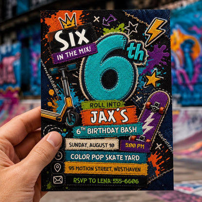 Graffiti Skateboard 6th Birthday Invitation — art artwork in black and orange