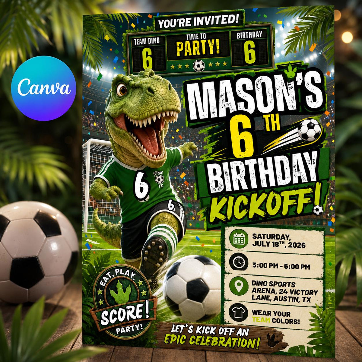 Green 6th Birthday Kickoff Invitation for Boys — editable Canva template