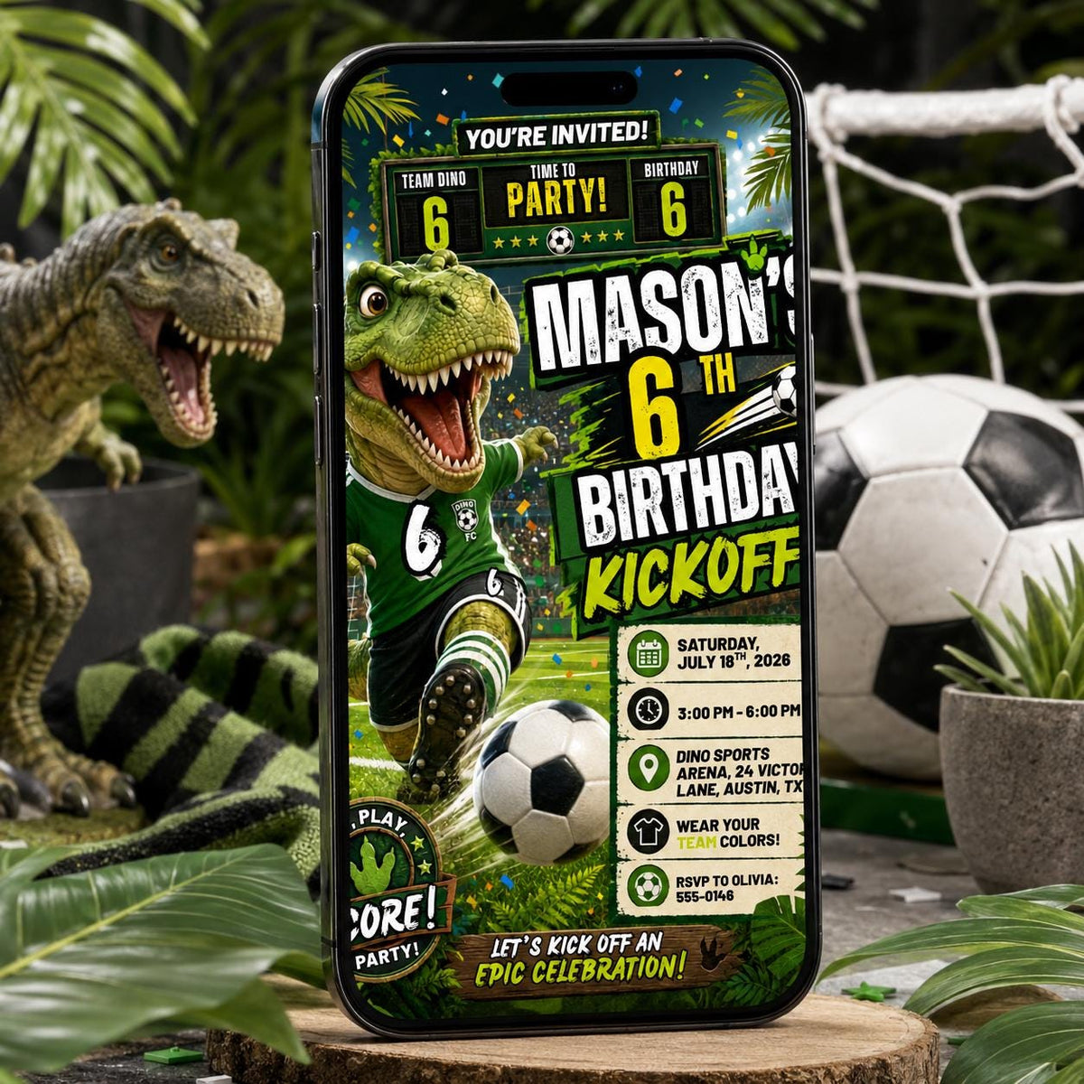Green 6th Birthday Kickoff Invitation for Boys — dinosaur and soccer design