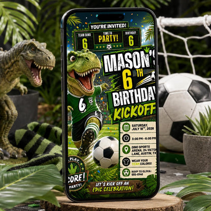 Green 6th Birthday Kickoff Invitation for Boys — dinosaur and soccer design