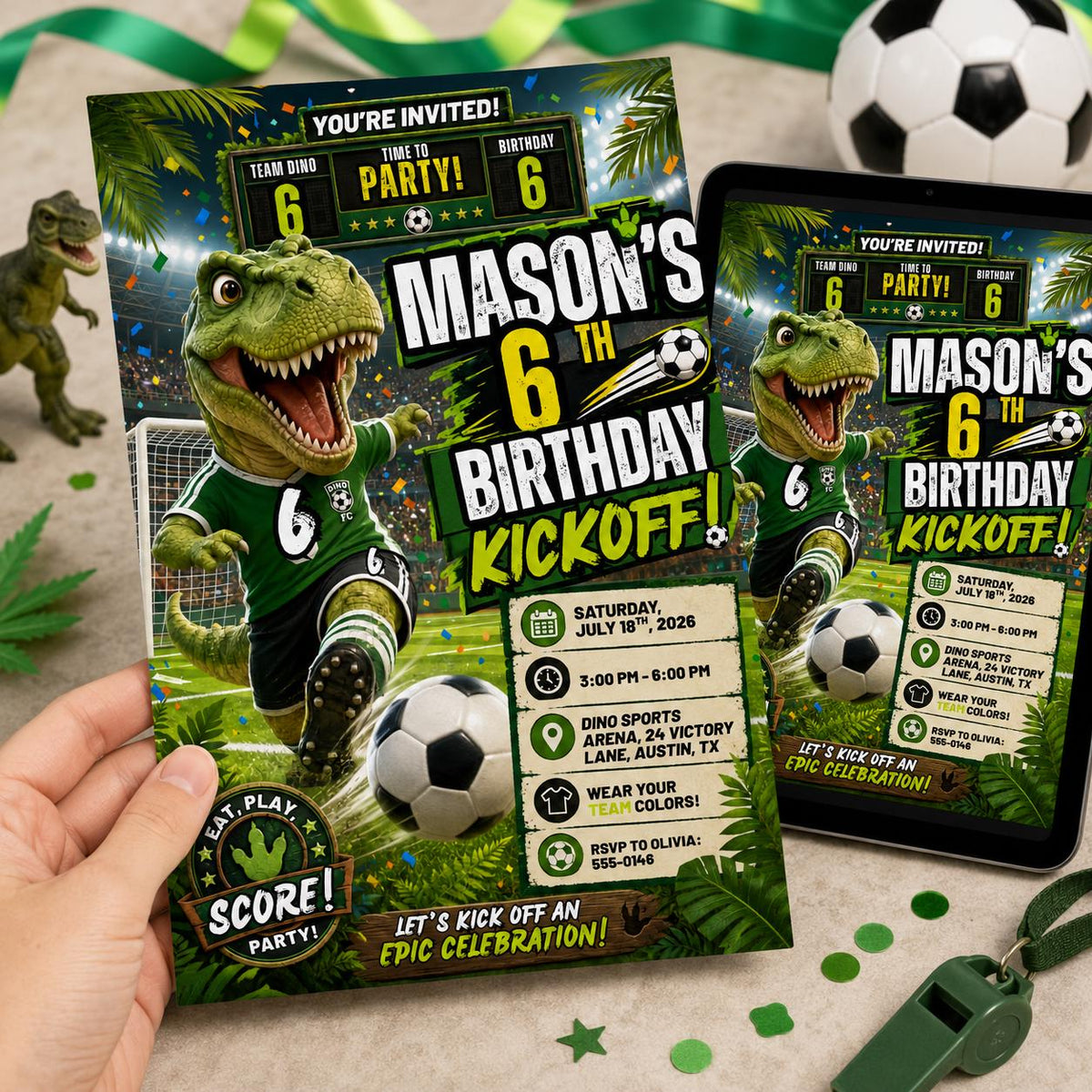 Green 6th Birthday Kickoff Invitation for Boys — invitation you personalize in Canva