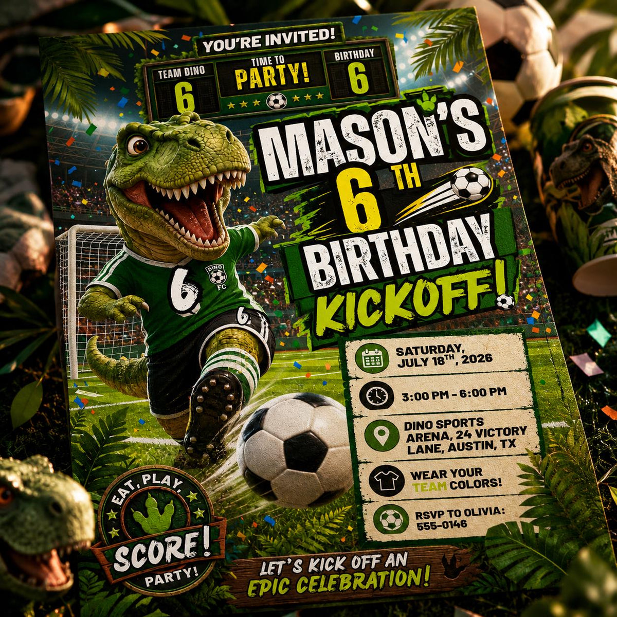 Green 6th Birthday Kickoff Invitation for Boys — print-ready 6th birthday party design from VoltBy