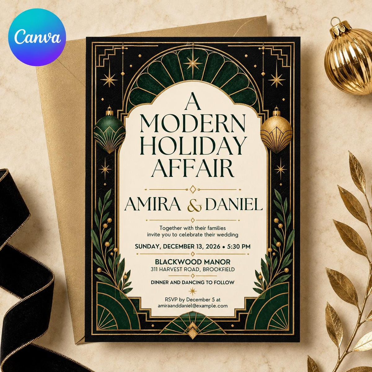 Green and Gold Art Deco Holiday Wedding Invitation — editable Canva template