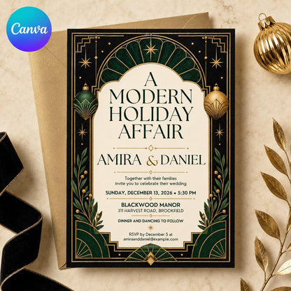 Green and Gold Art Deco Holiday Wedding Invitation — editable Canva template