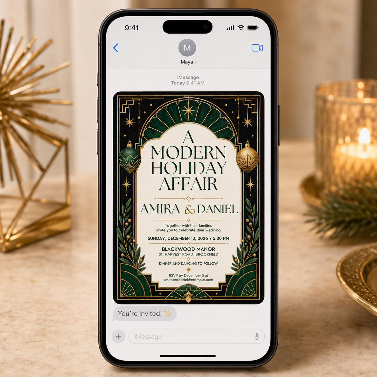 Green and Gold Art Deco Holiday Wedding Invitation in black