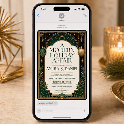 Green and Gold Art Deco Holiday Wedding Invitation in black