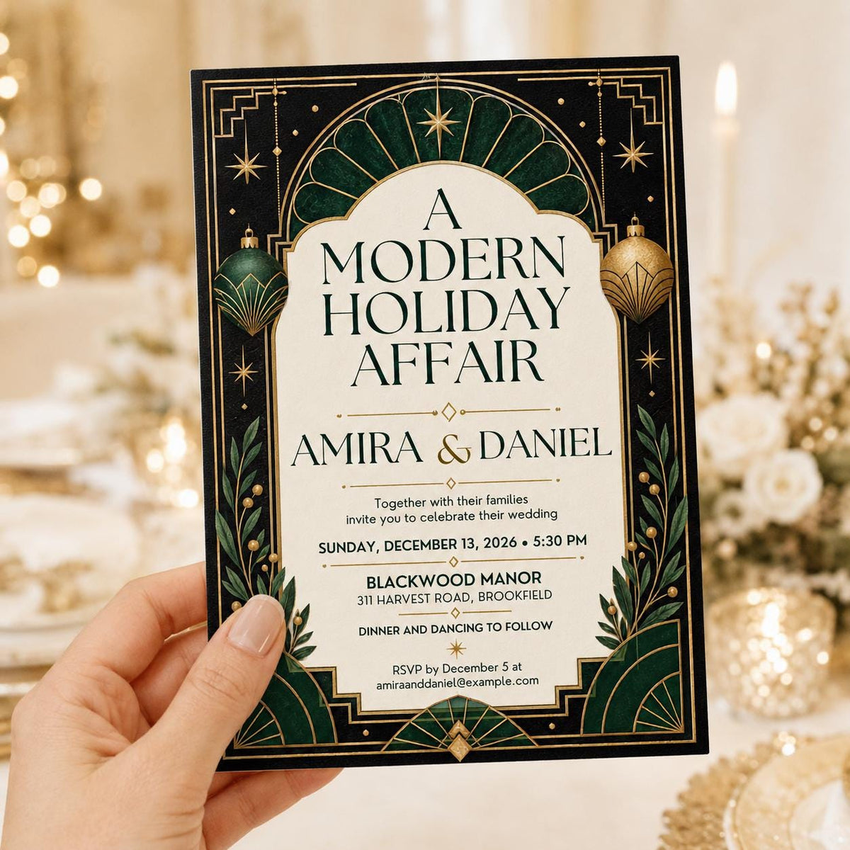 Green and Gold Art Deco Holiday Wedding Invitation — invitation you personalize in Canva