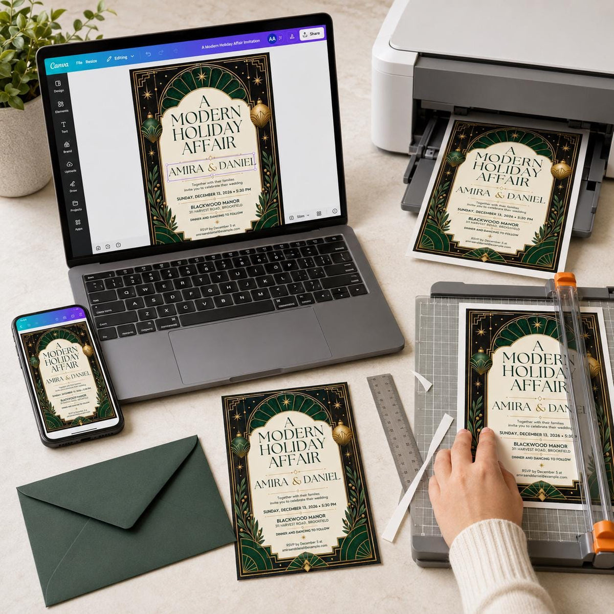 Green and Gold Art Deco Holiday Wedding Invitation — print-ready wedding design from VoltBy