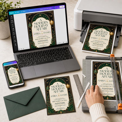 Green and Gold Art Deco Holiday Wedding Invitation — print-ready wedding design from VoltBy