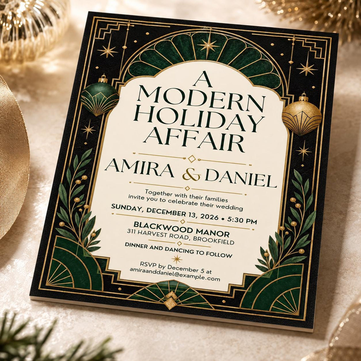 Green and Gold Art Deco Holiday Wedding Invitation — digital invitation, instant download
