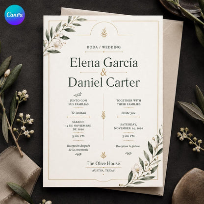 Green and Gold Bilingual Wedding Invitation — editable Canva template