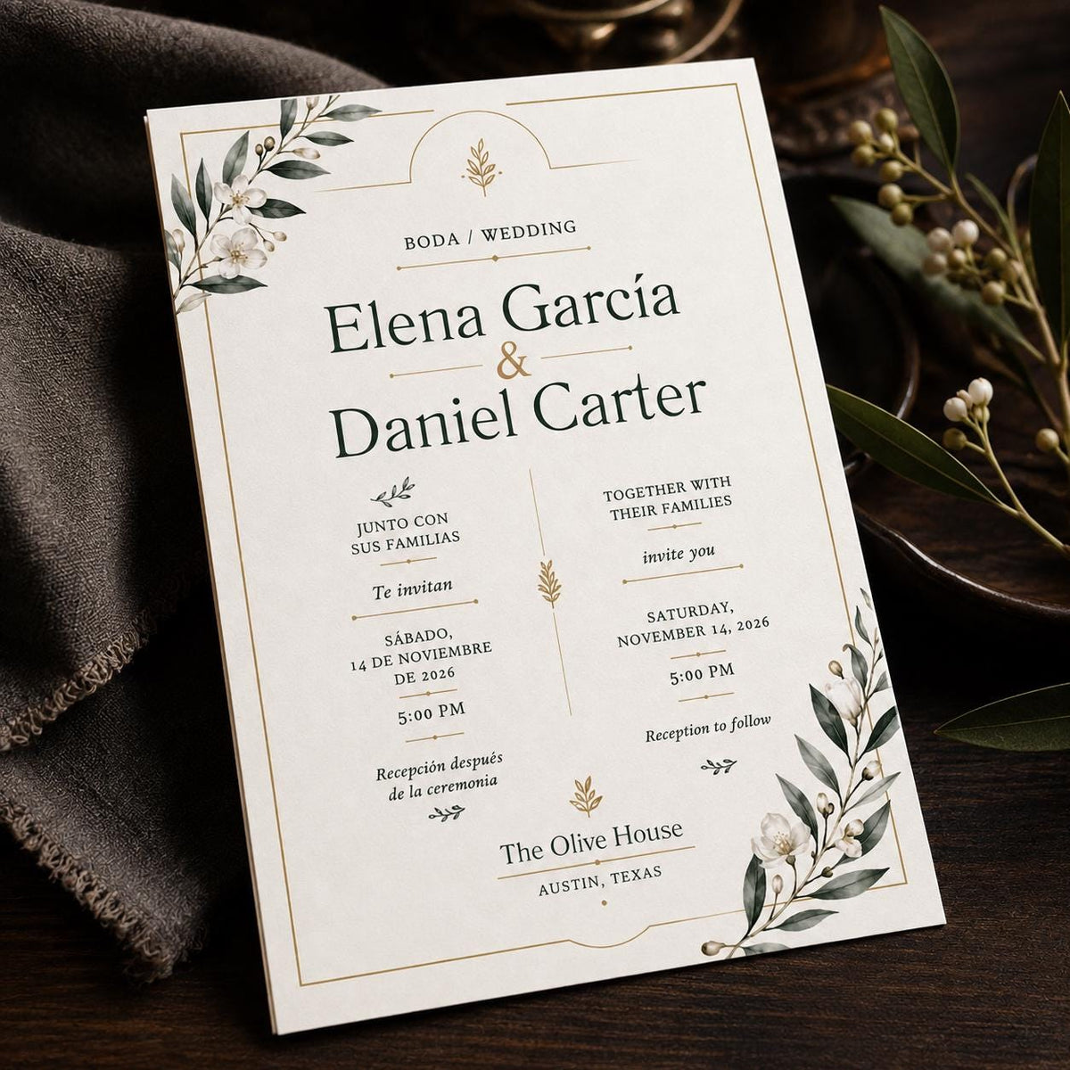 Green and Gold Bilingual Wedding Invitation — floral design
