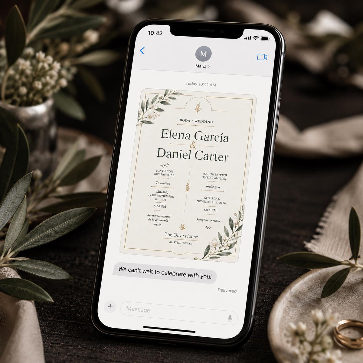 Green and Gold Bilingual Wedding Invitation — invitation you personalize in Canva