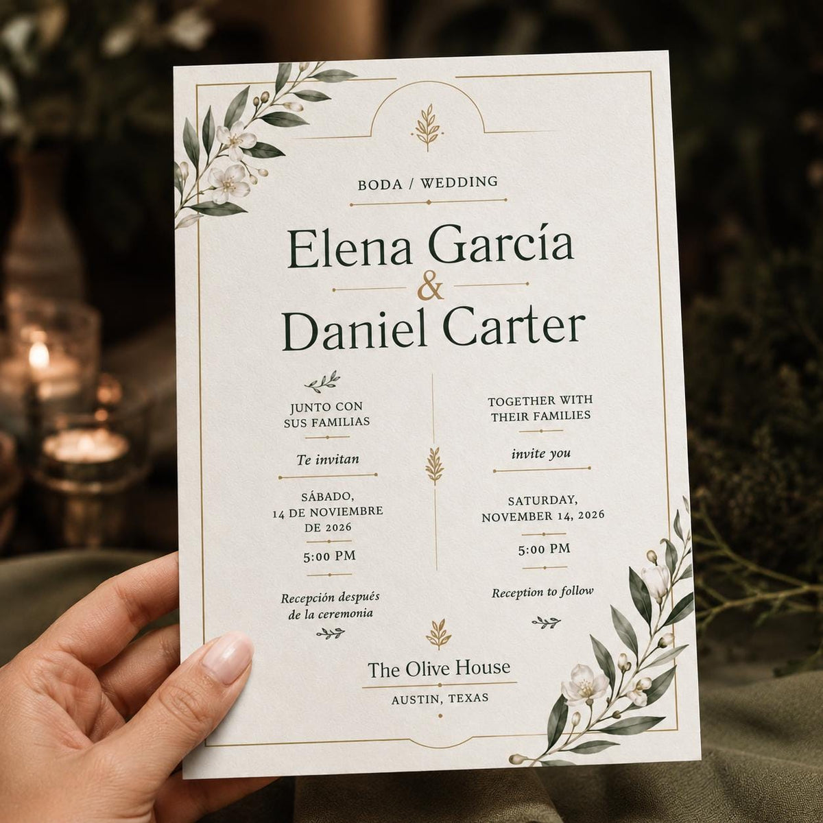 Green and Gold Bilingual Wedding Invitation — floral wedding design