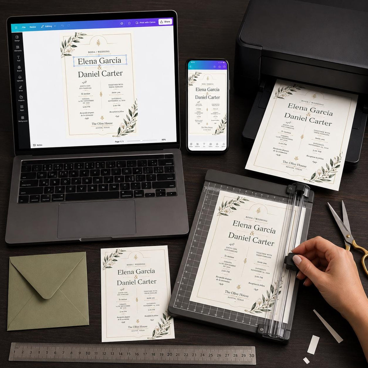 Green and Gold Bilingual Wedding Invitation — print-ready wedding design from VoltBy