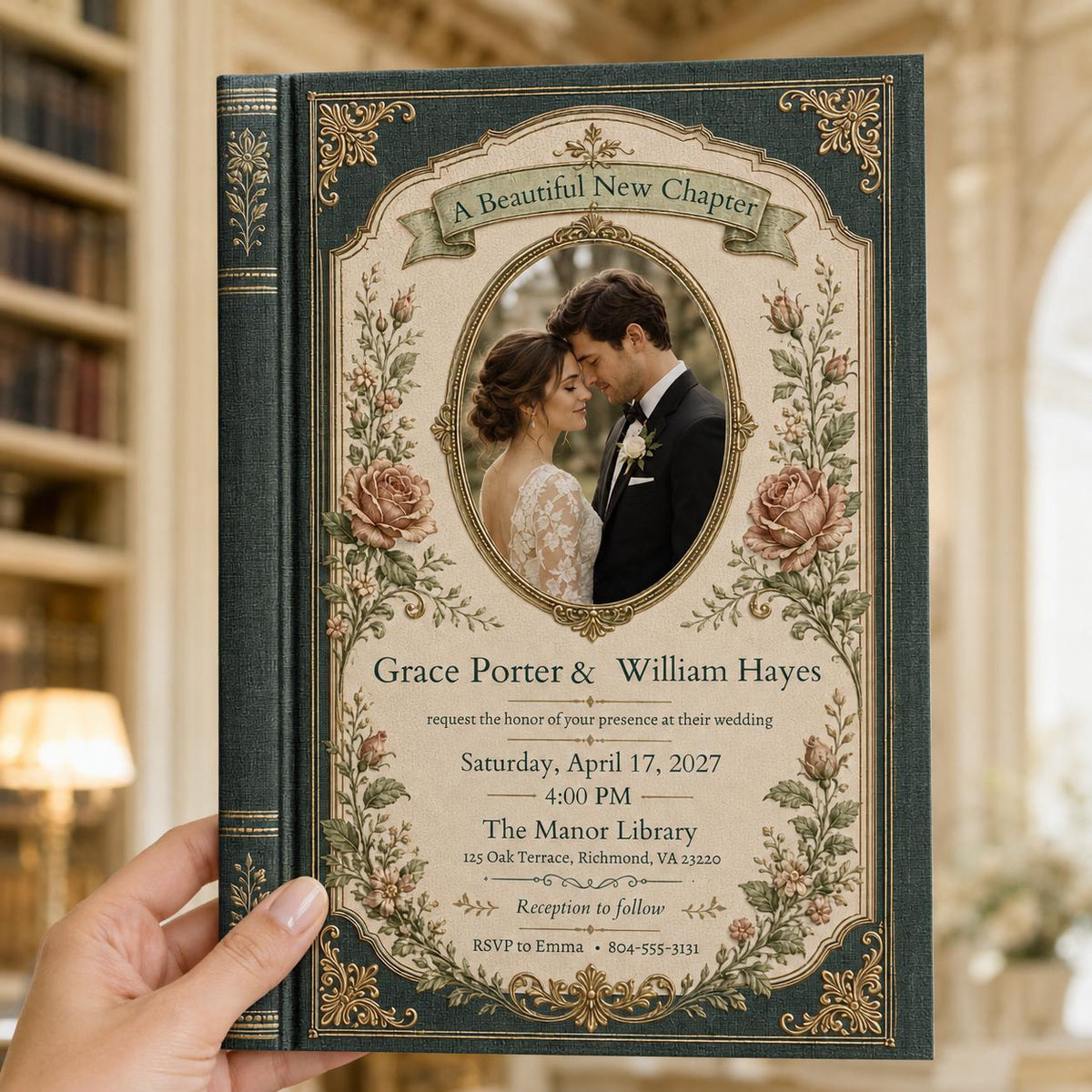 Green and Gold Book Wedding Invitation — invitation you personalize in Canva
