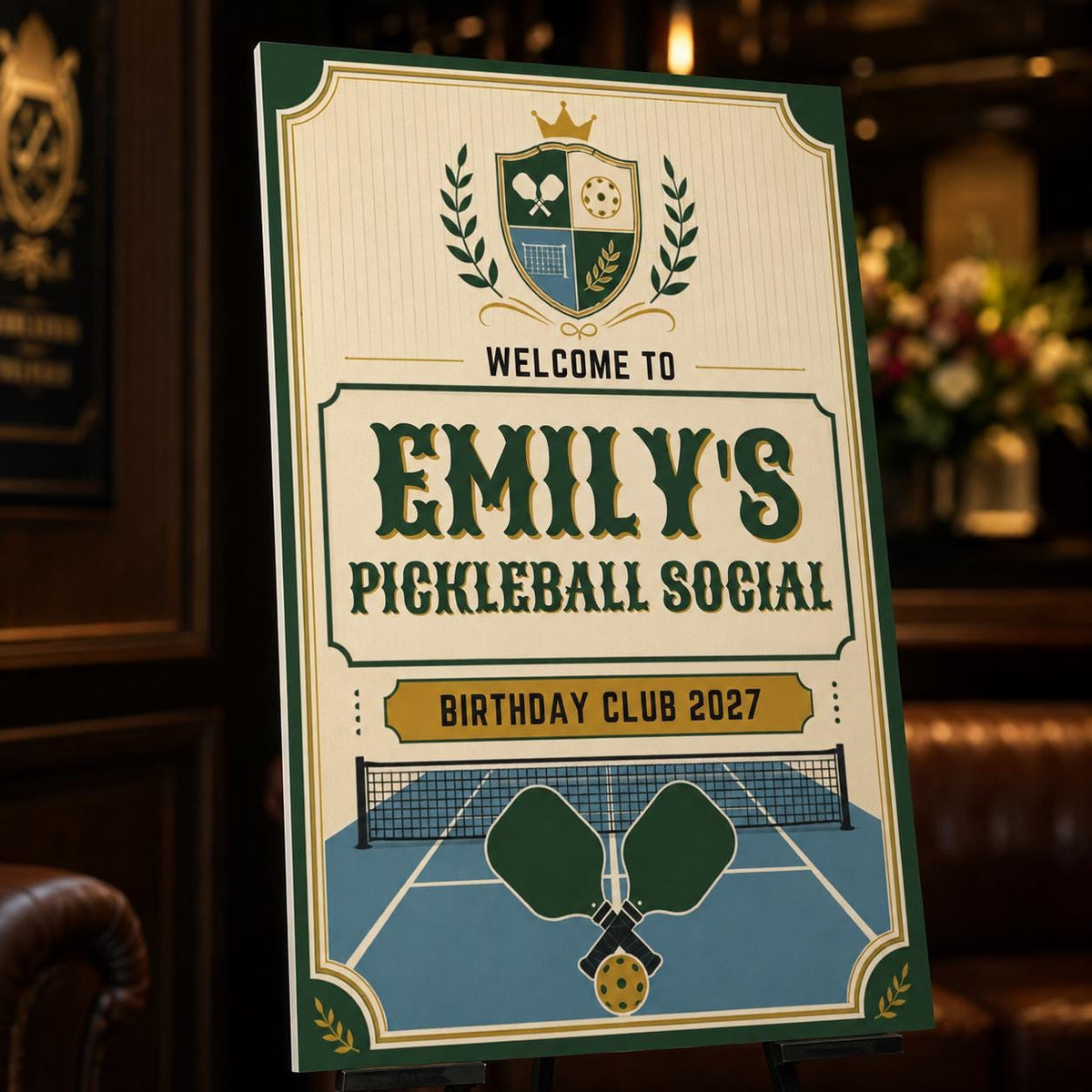 Green and Gold Pickleball Birthday Welcome Sign — welcome sign you personalize in Canva