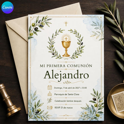 Green and Gold Spanish First Communion Invitation — editable Canva template
