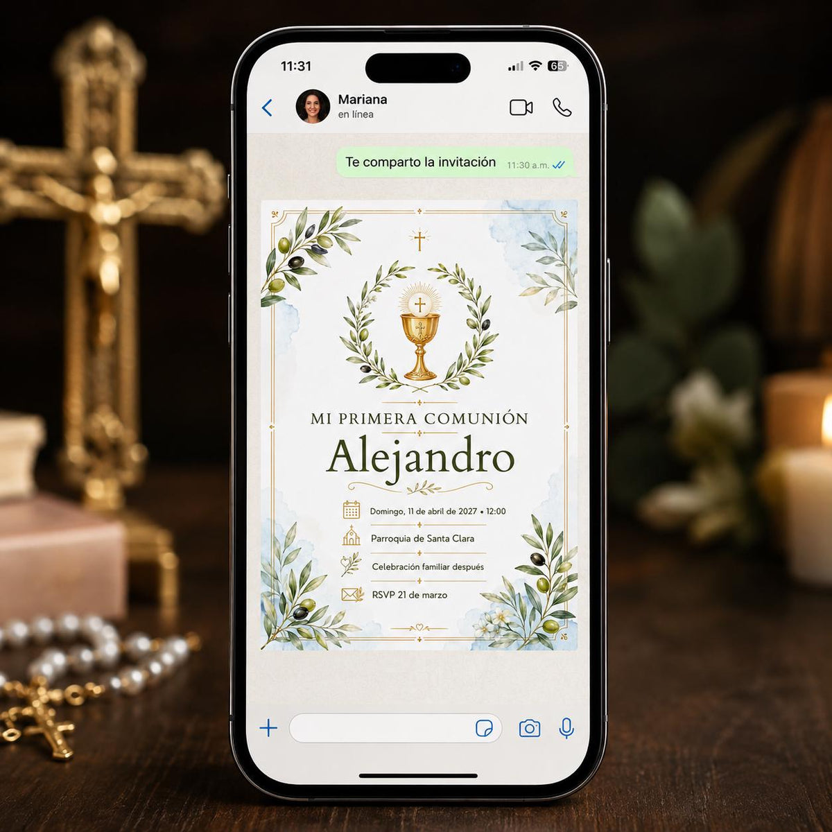 Green and Gold Spanish First Communion Invitation — cross olive branch design