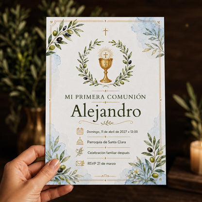 Green and Gold Spanish First Communion Invitation — invitation you personalize in Canva