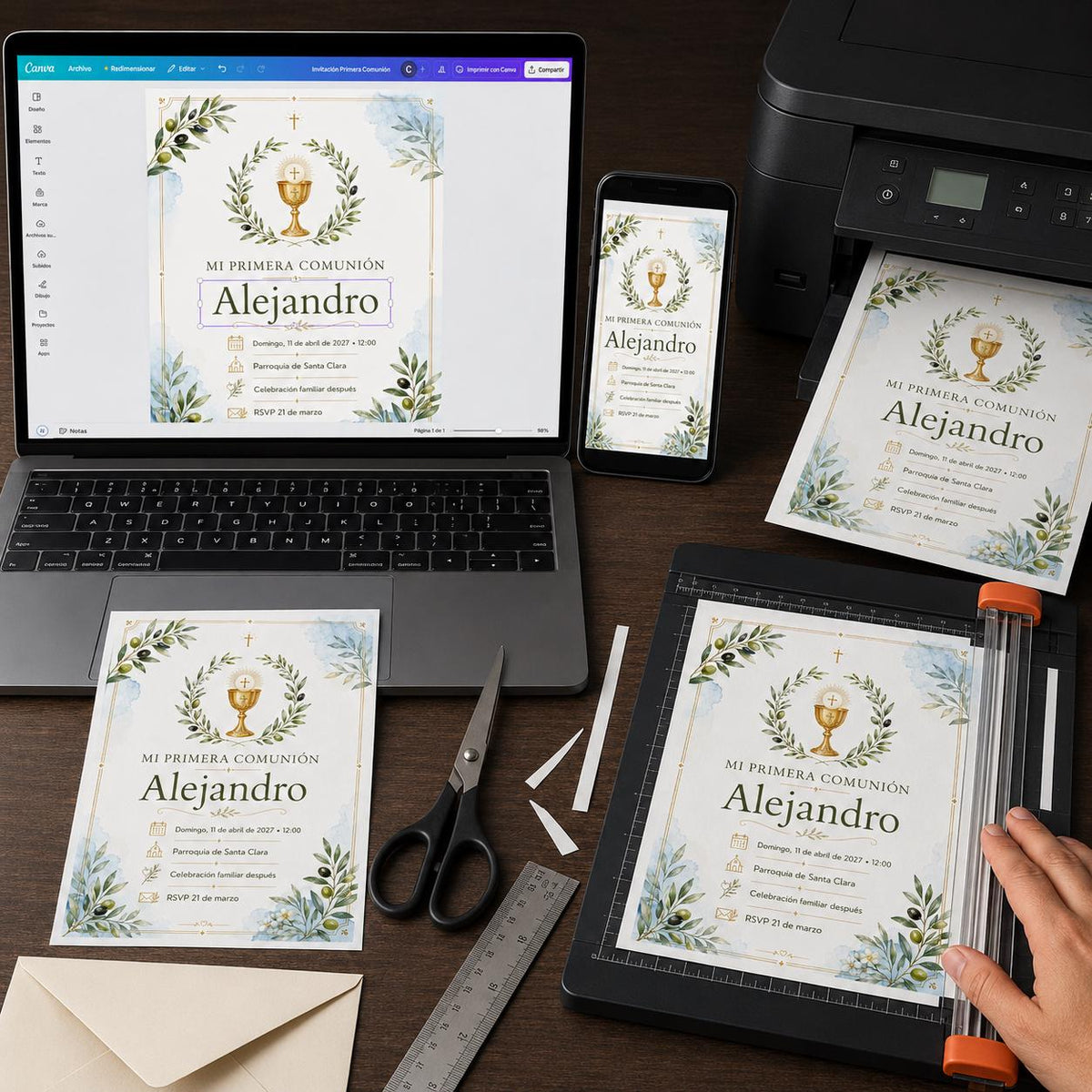 Green and Gold Spanish First Communion Invitation — print-ready first communion design from VoltBy