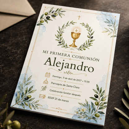 Green and Gold Spanish First Communion Invitation — digital invitation, instant download