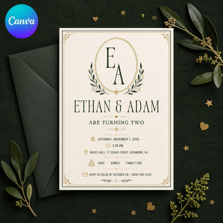 Green and Gold Twin 2nd Birthday Invitation Boys