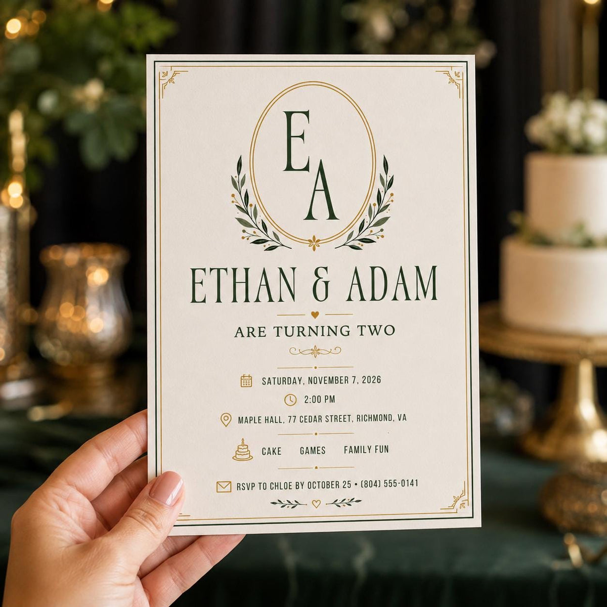 Green and Gold Twin 2nd Birthday Invitation Boys — botanical 2nd birthday party design