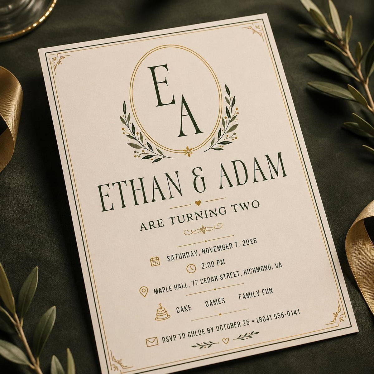 Green and Gold Twin 2nd Birthday Invitation Boys — digital invitation, instant download