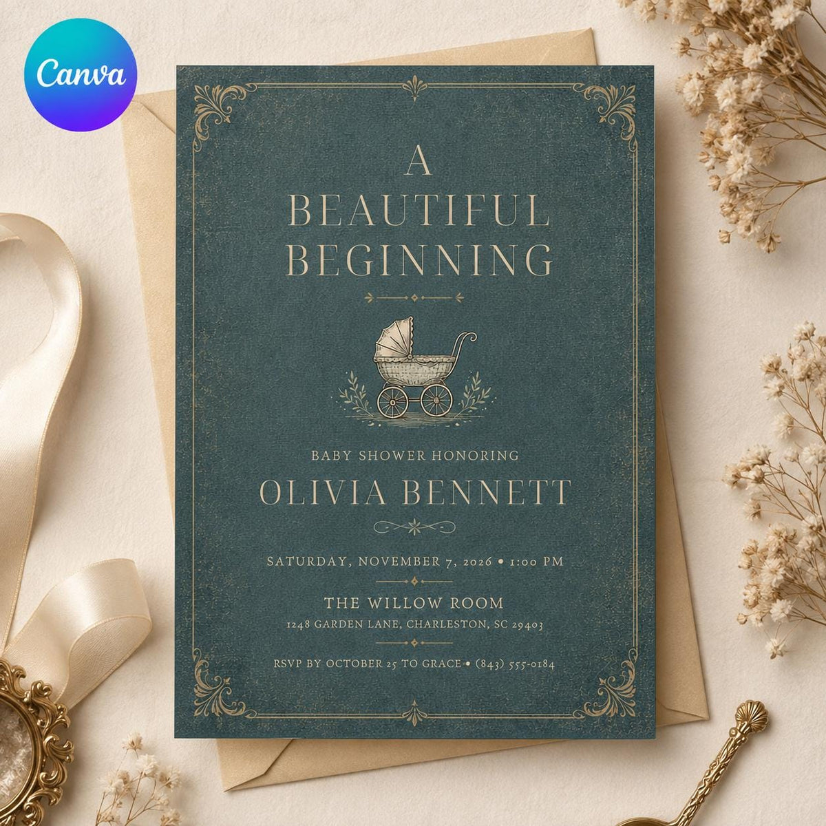 Green and Gold Vintage Baby Shower Invitation — editable Canva template